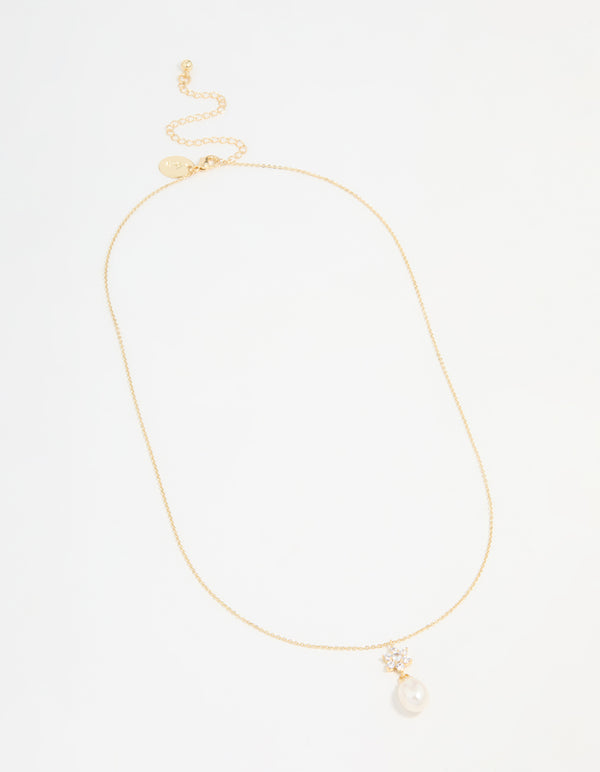 Gold Plated Cubic Zirconia & Pearl Flower Necklace