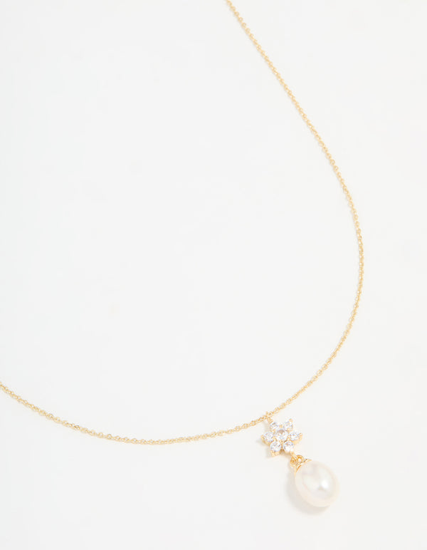 Gold Plated Cubic Zirconia & Pearl Flower Necklace