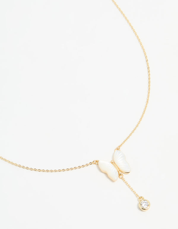 Gold Plated Mother Of Pearl & Cubic Zirconia Butterfly Y-Necklace