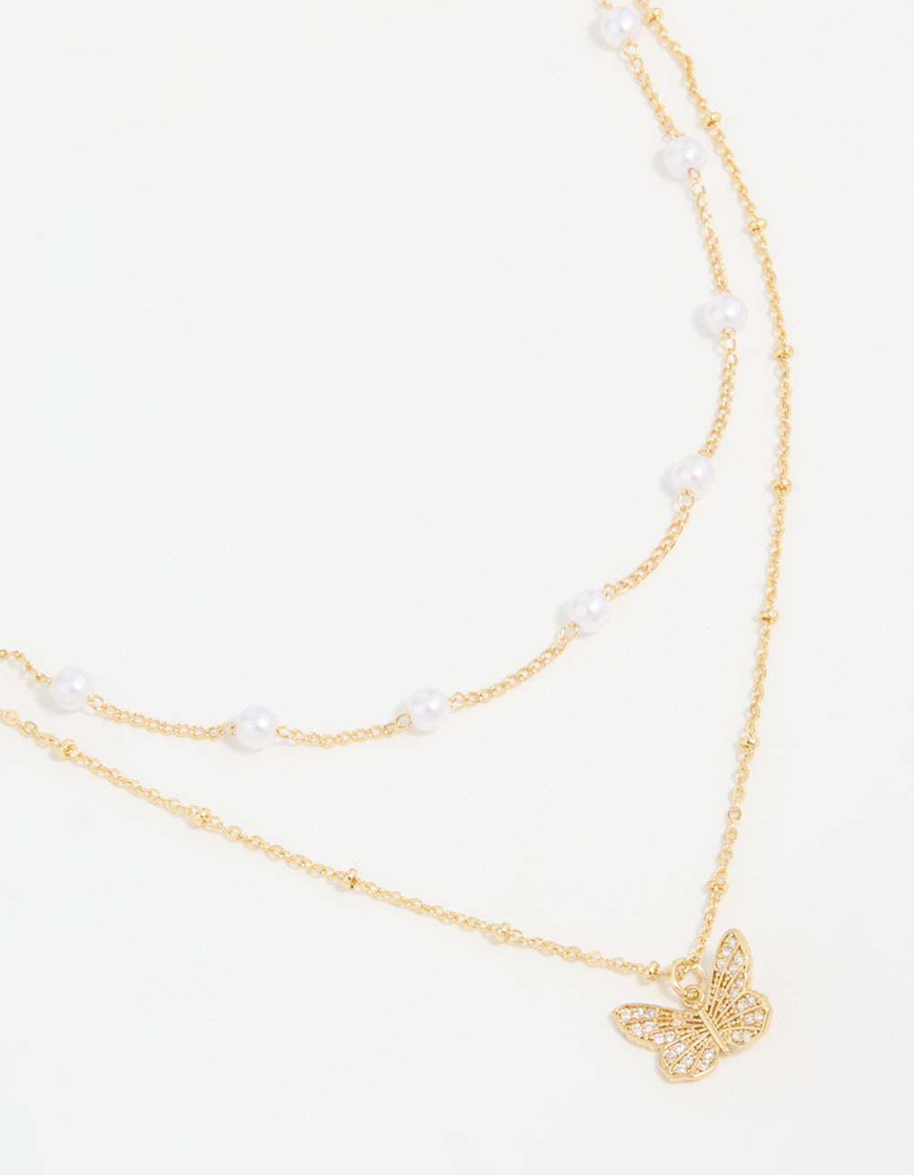 Gold Plated Pearl Butterfly Layered Necklace