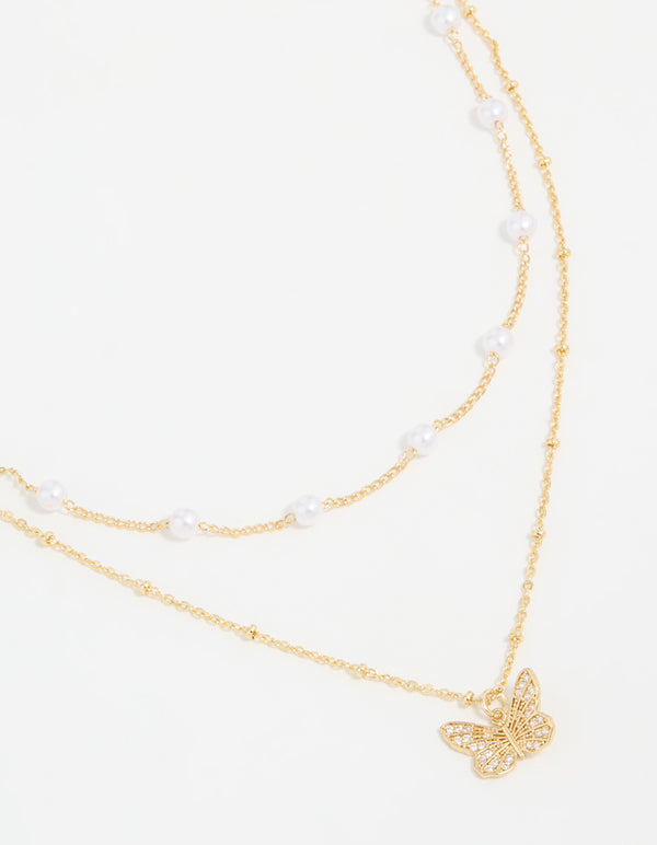 Gold Plated Pearl Butterfly Layered Necklace