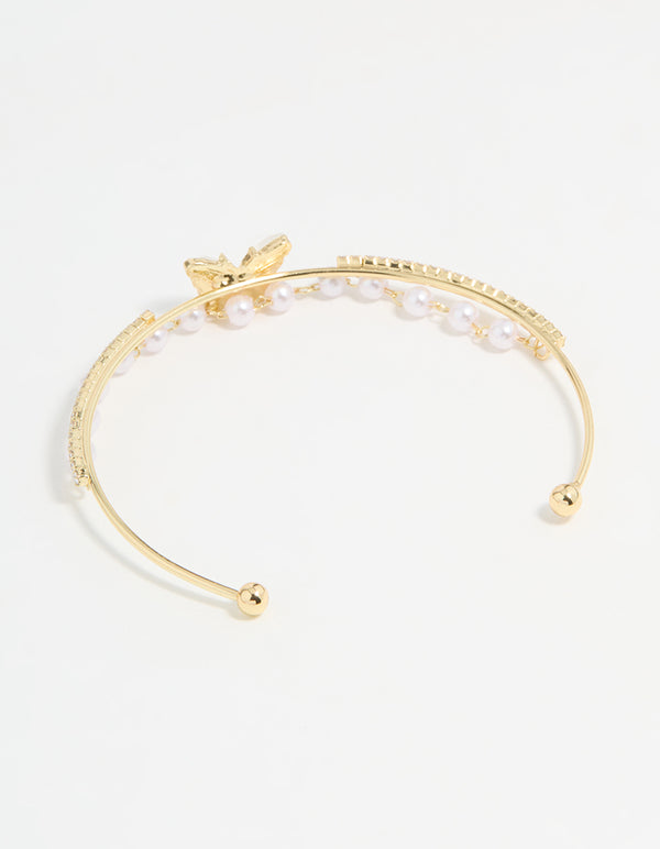 Gold Plated Mother Of Pearl Butterfly & Pearl Wrist Cuff