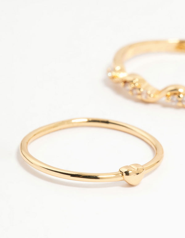 Gold Plated Bow & Mini Heart Stacking Rings 3-Pack