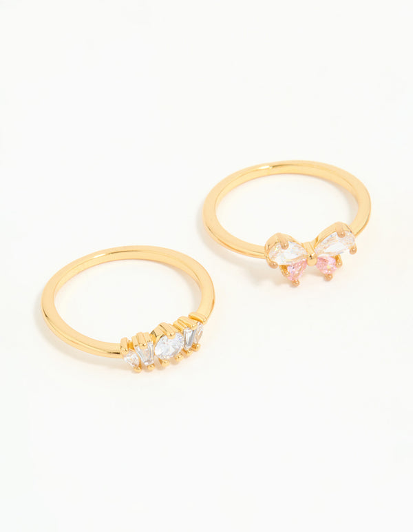 Gold Plated Pink Cubic Zirconia Bow Rings 3-Pack