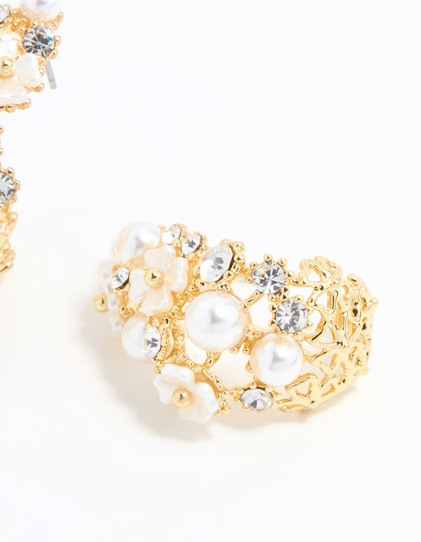Gold Plated Diamante & Pearl Flower Hoop Earrings