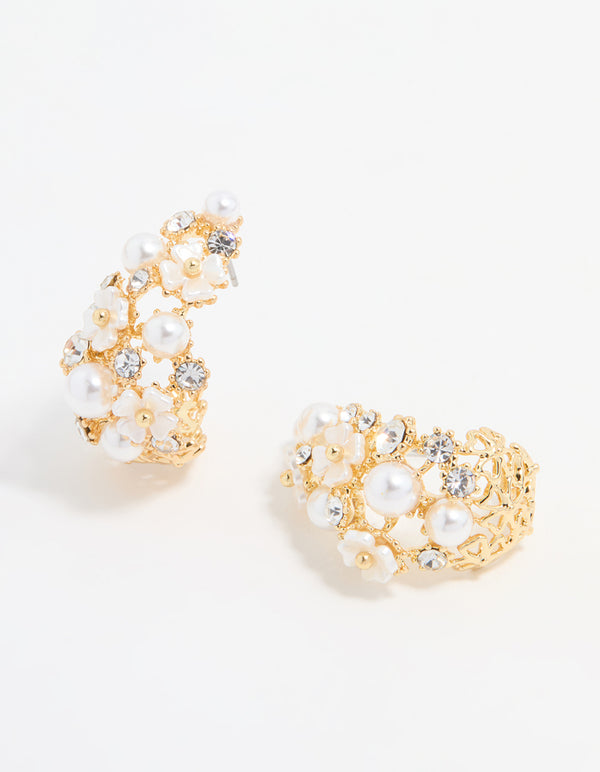 Gold Plated Diamante & Pearl Flower Hoop Earrings