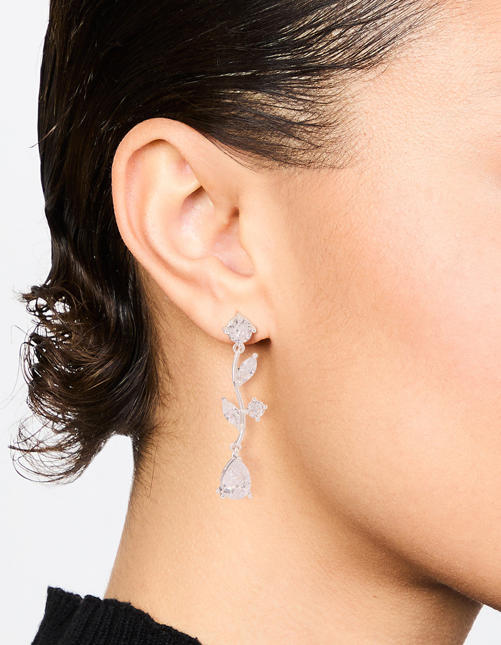 Silver Plated Cubic Zirconia Large Vine Teardrop Earrings