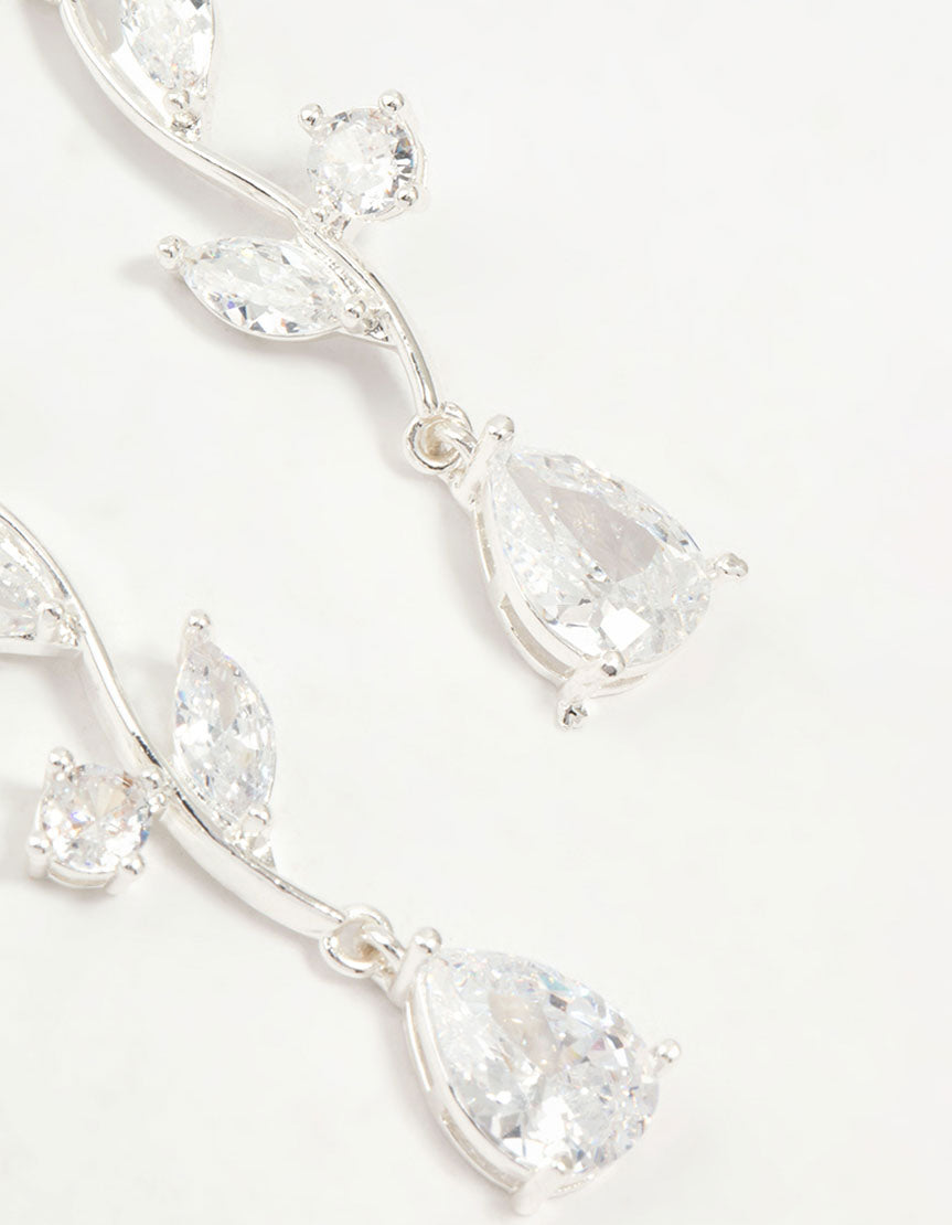 Silver Plated Cubic Zirconia Large Vine Teardrop Earrings