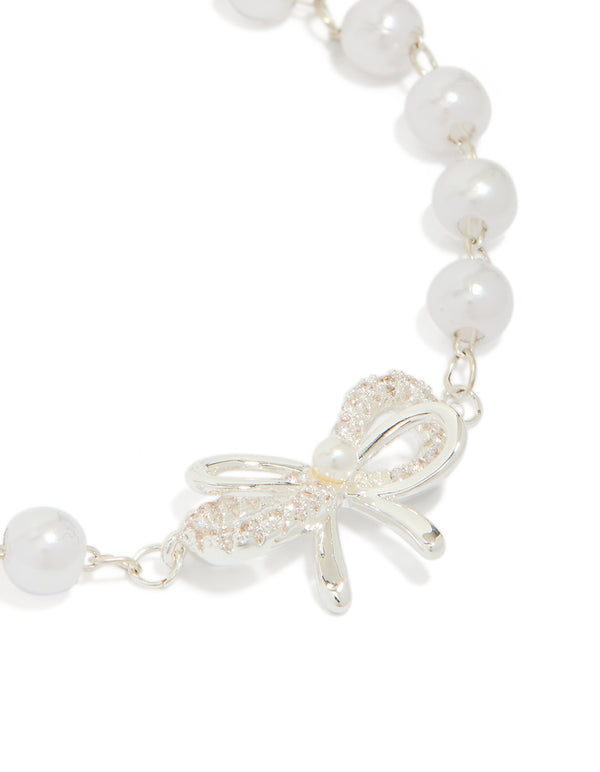 Silver Plated Pearl Double Bow Bracelet