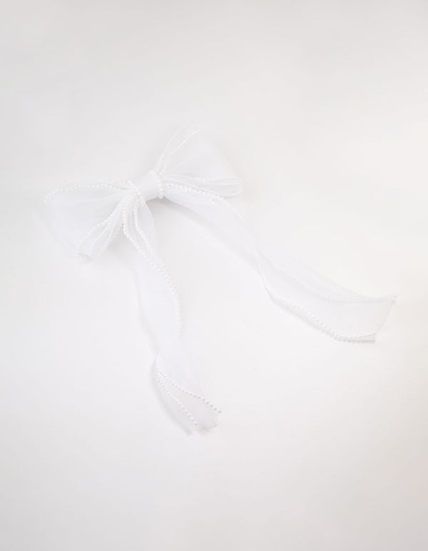 White Organza Fabric & Pearl Bow Hair Clip