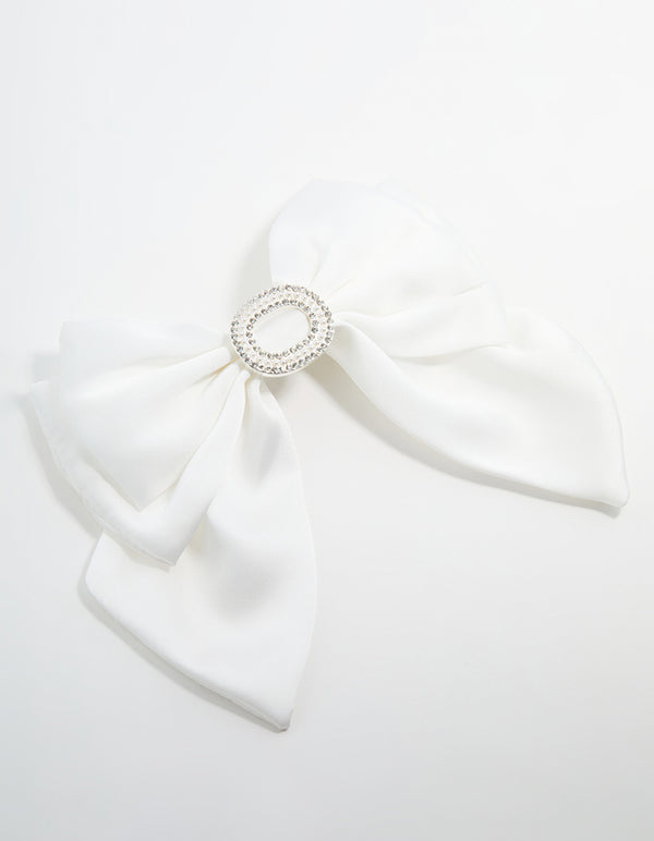 Silver Plated Diamante White Fabric Bow Clip