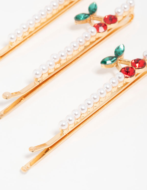 Gold Pearl Cherry Hair Clips 3-Pack