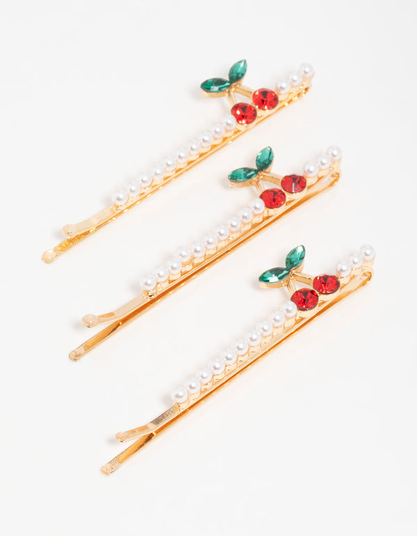Gold Pearl Cherry Hair Clips 3-Pack