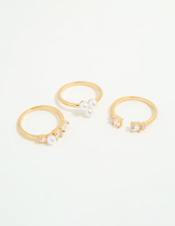 Gold Plated Cubic Zirconia & Pearl Rings 3-Pack