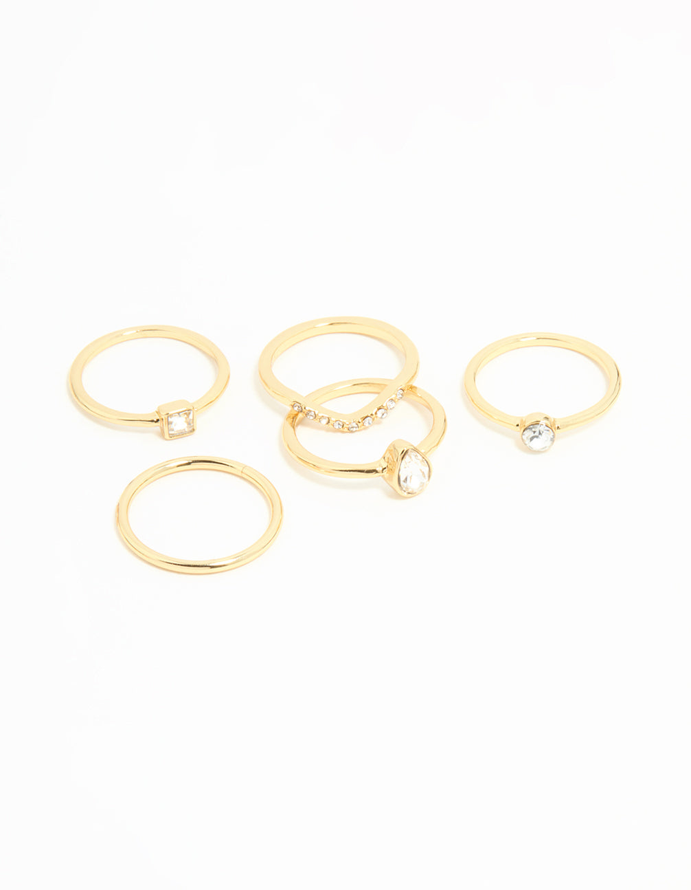 Beautifully crafted square and pear diamante rings 5-pack in gold plated metal with pear stone cut front view