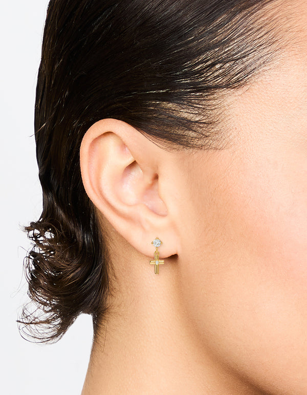 Gold Plated Sterling Silver Cubic Zirconia Cross Drop Earrings