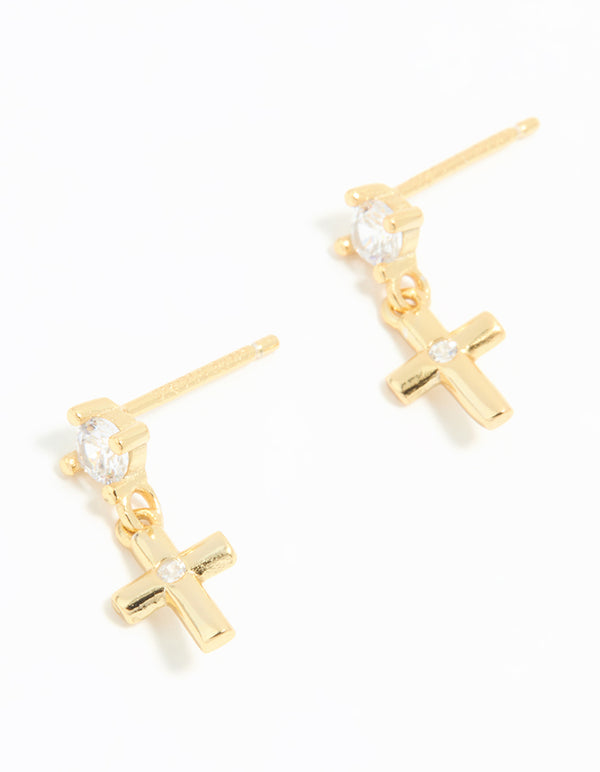 Gold Plated Sterling Silver Cubic Zirconia Cross Drop Earrings