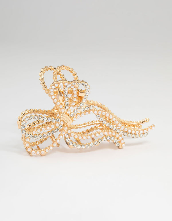 Gold Pearl & Diamante Bow Claw Clip