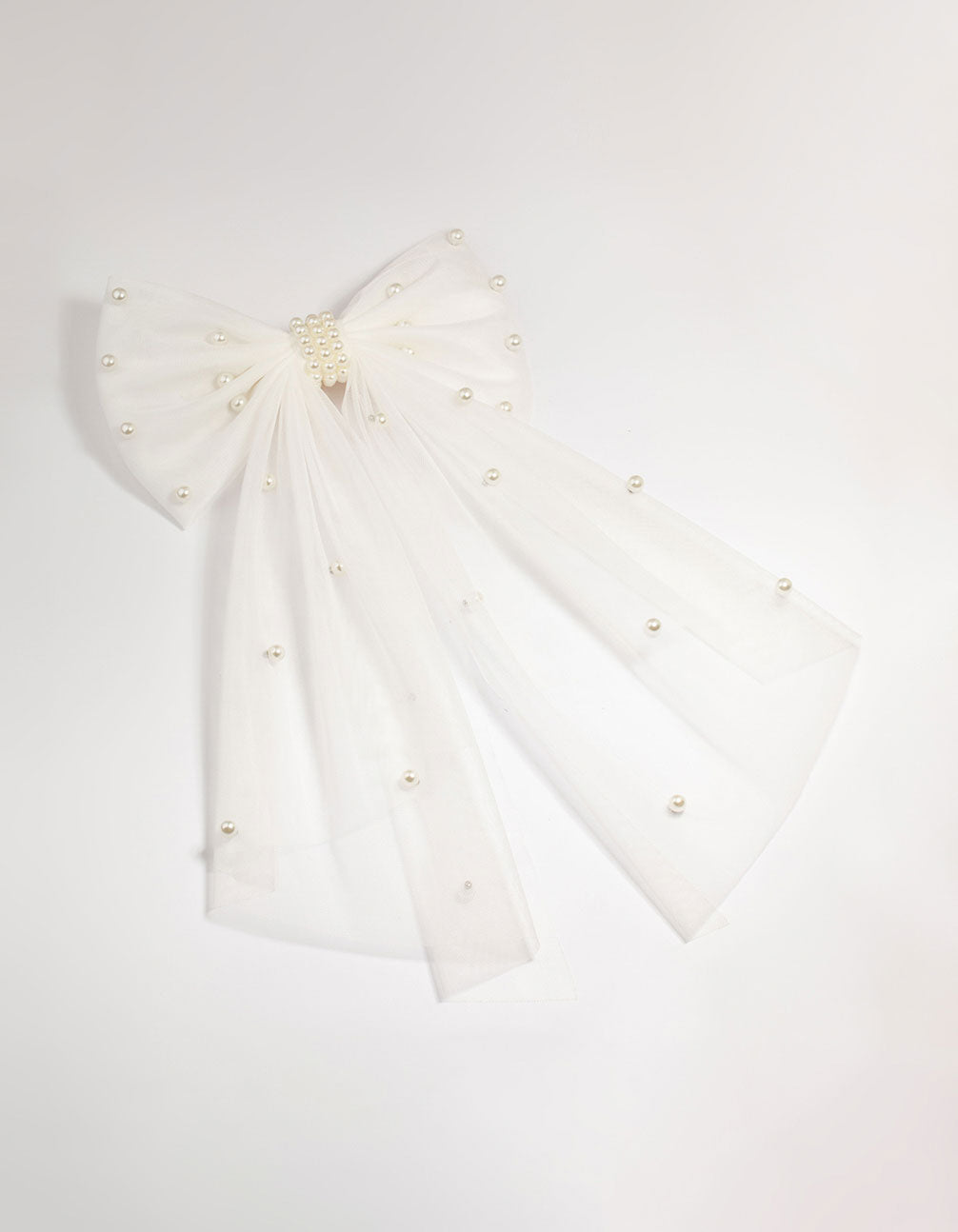 White Fabric Pearl Scatter Bow Clip
