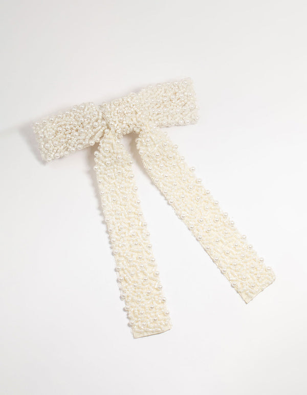 White Fabric Beaded Bow Clip