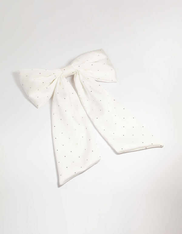 White Fabric Diamante Scatter Bow Clip