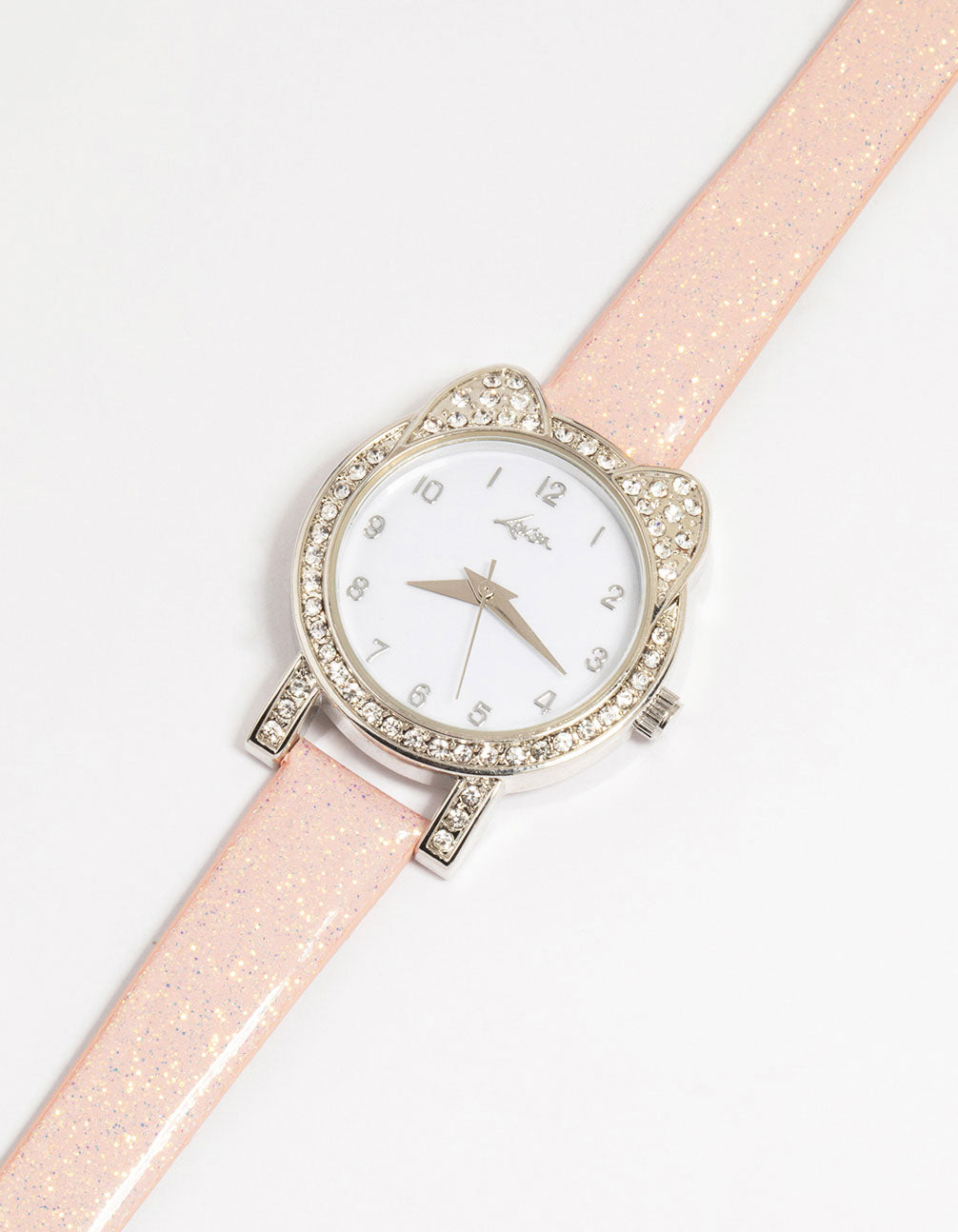 Charming kids watch featuring diamante cat bezel with numbers on white dial, round shape, casual style, pink leather strap, analog type watch face detail view