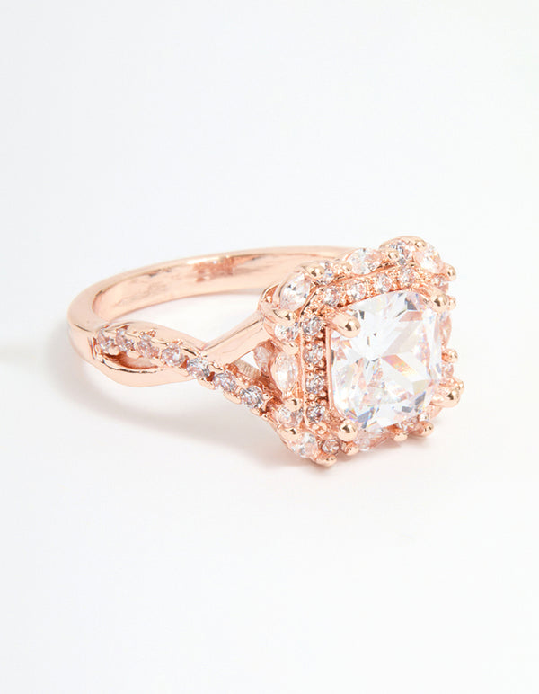 Rose Gold Cubic Zirconia Princess Halo Ring