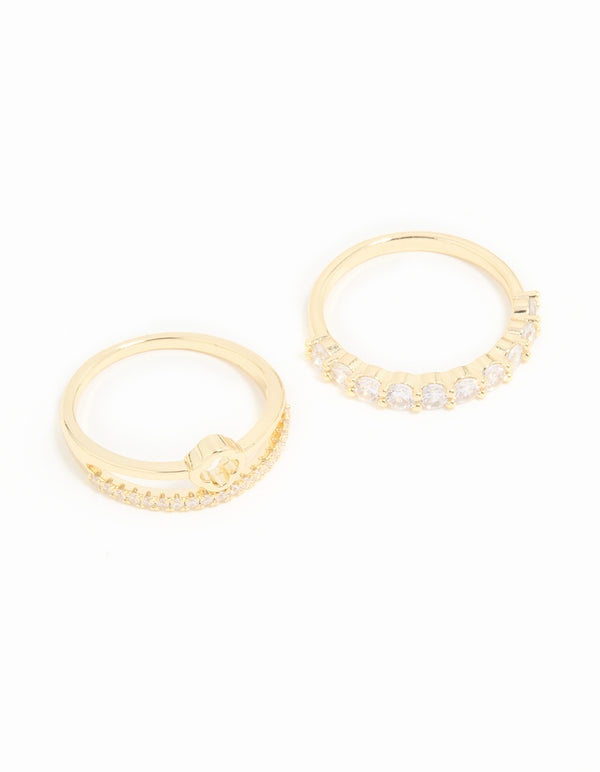 Gold Plated Cubic Zirconia Dainty Stacked Flower & Band Rings 2-Pack