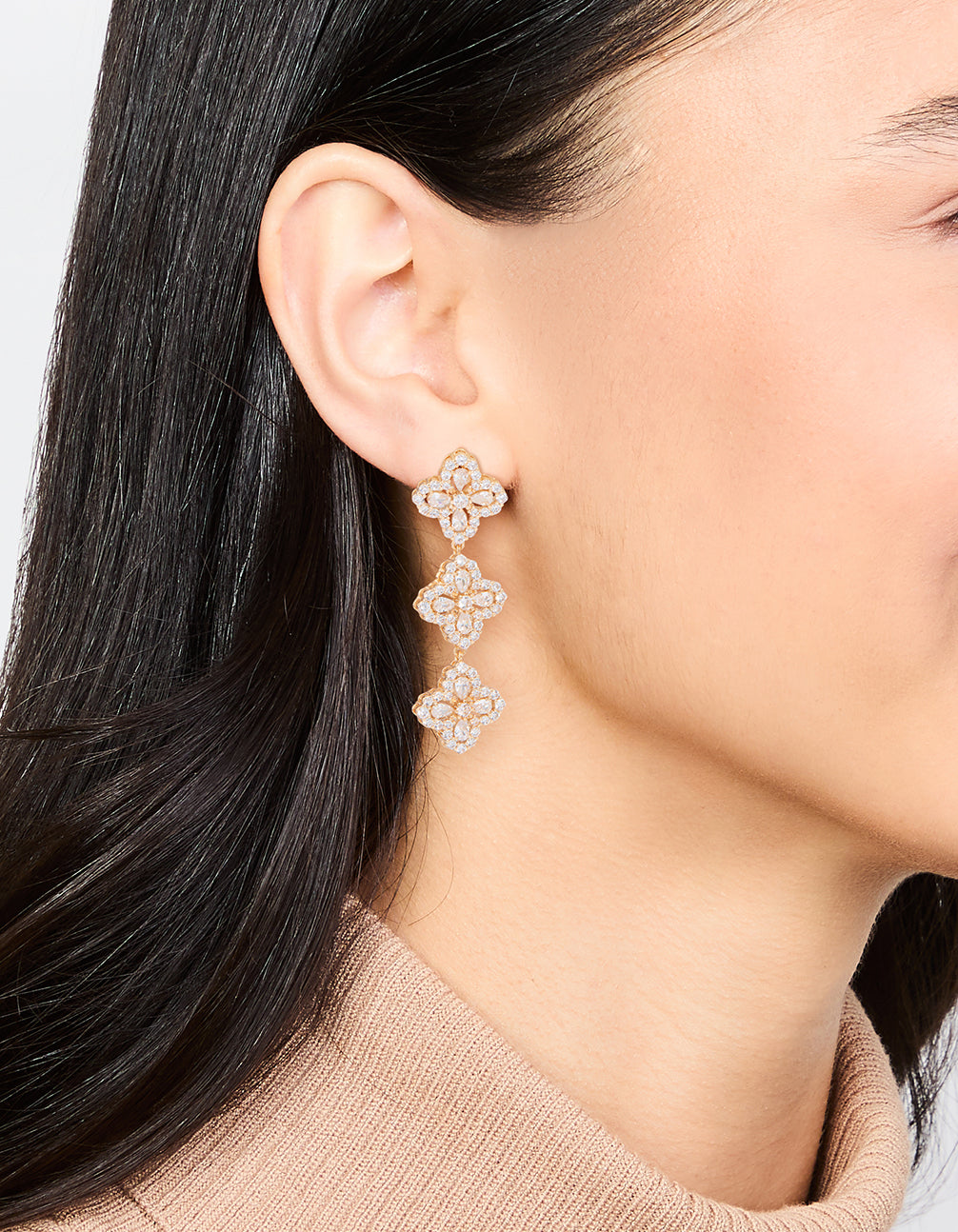 Gold Cubic Zirconia Triple Flower Drop Earrings