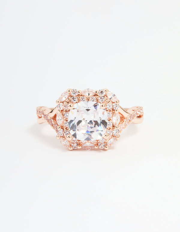 Rose Gold Cubic Zirconia Princess Halo Ring