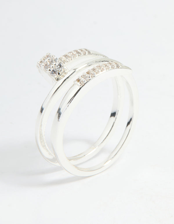 Displaying a statement nail wrap ring crafted from silver plated metal, featuring cubic zirconia stones side detail view