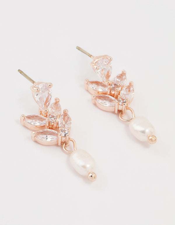 Rose Gold Plated Cubic Zirconia Freshwater Pearl Drop Earrings
