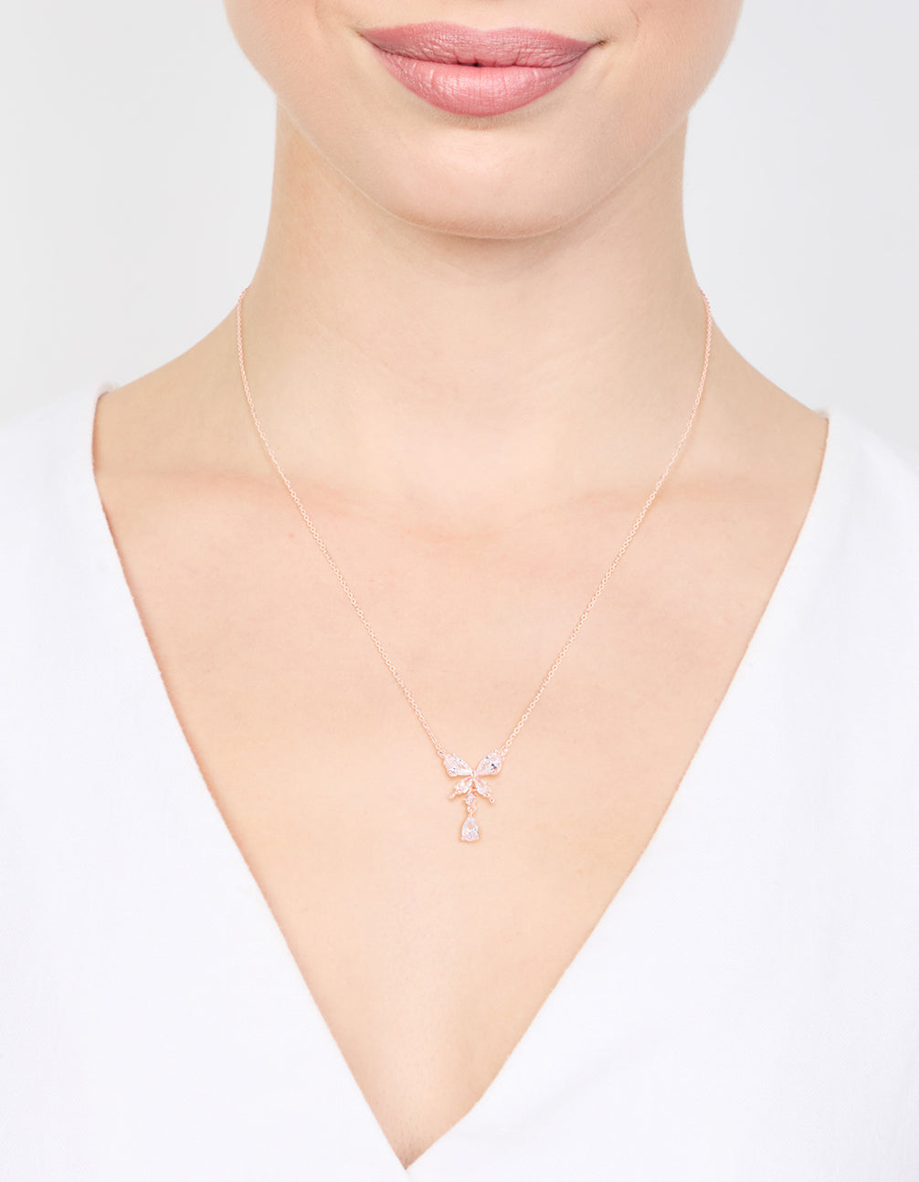 Rose Gold Plated Cubic Zirconia Butterfly Teardrop Pendant Necklace