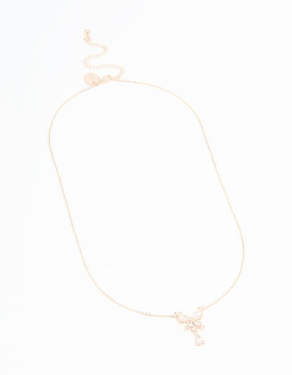 Rose Gold Plated Cubic Zirconia Butterfly Teardrop Pendant Necklace