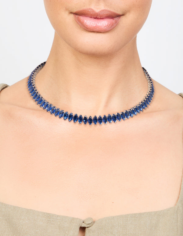 Silver Blue Cubic Zirconia Navette Choker Necklace