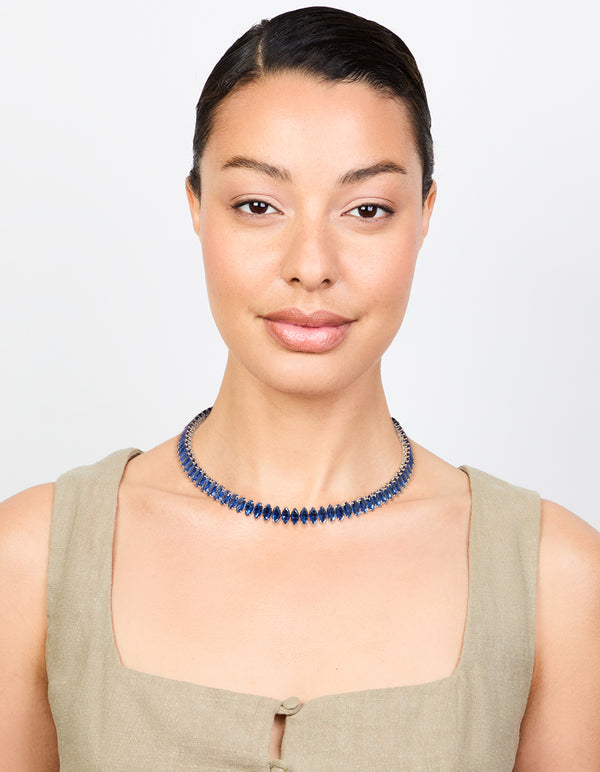 Silver Blue Cubic Zirconia Navette Choker Necklace
