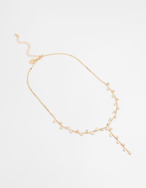 Gold Cubic Zirconia Leaf Y-Necklace