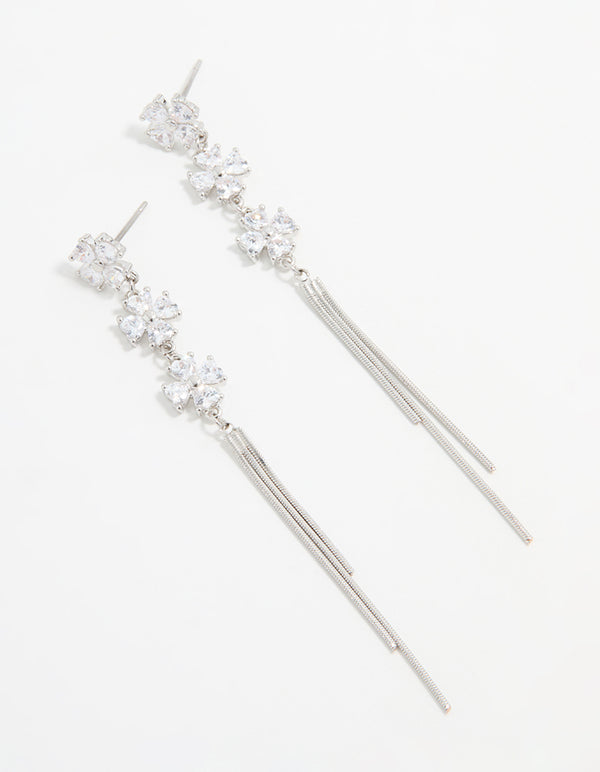 Silver Cubic Zirconia Triangular Floral Drop Earrings