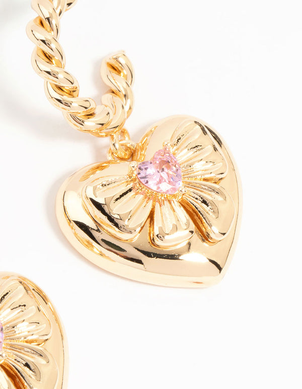 Gold Pink Cubic Zirconia Heart Hoop Earrings