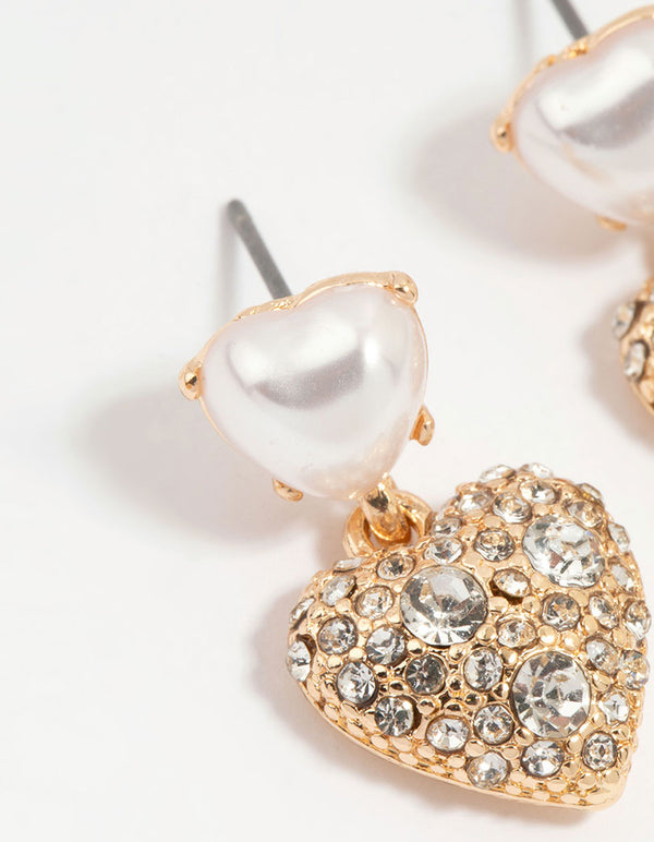Gold Diamante & Pearl Heart Drop Earrings