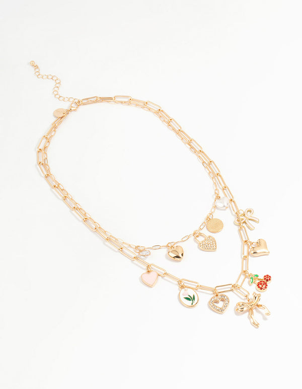 Gold Heart & Bow Charm Necklace