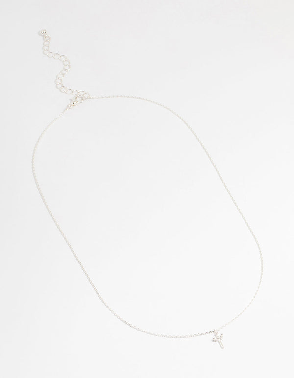 Silver Plated Cubic Zirconia Mini Cross Pendant Necklace
