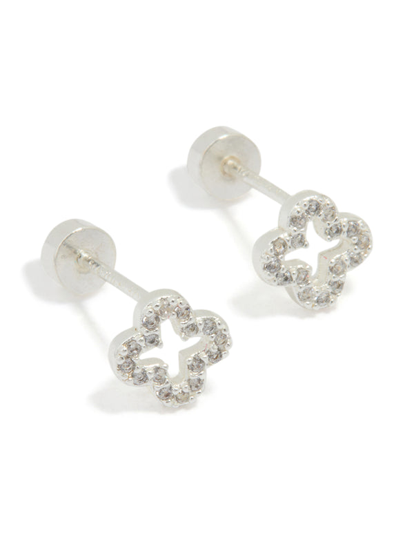Sterling Silver Cubic Zirconia Hollow Pave Flower Stud Earrings