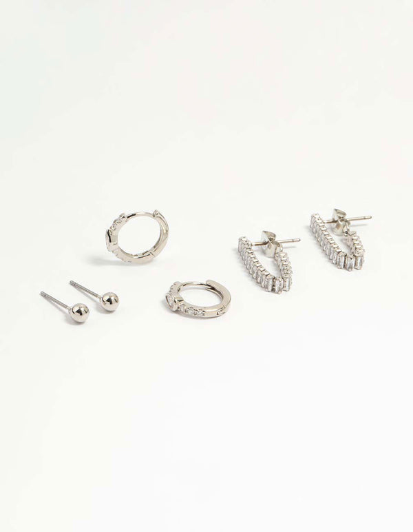 Silver Cubic Zirconia Chain & Sleek Stud Earrings 3-Pack