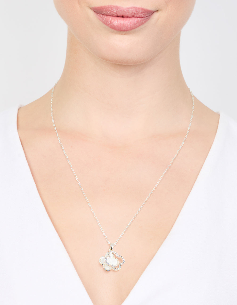 Silver Plated Diamante Outline Pendant Flower Necklace