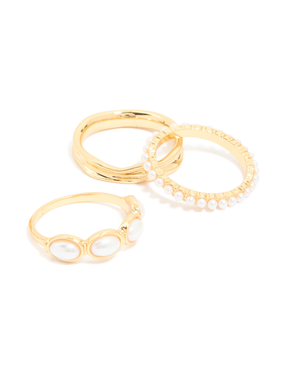 Gold Plated Diamante & Pearl Twisted Rings 4-Pack