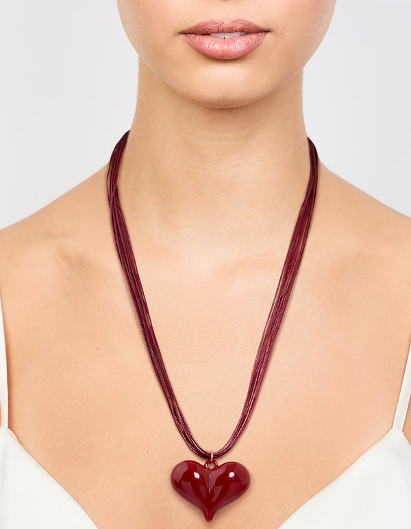 Red Acrylic Puffy Heart Metallic Cord Necklace