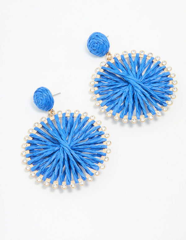 Blue Raffia Diamante Circle Drop Earrings