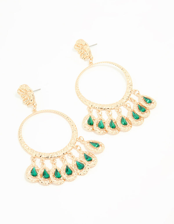 Gold Green Circle Drop Earrings