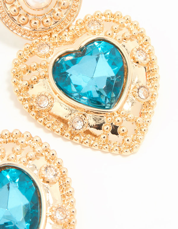 Gold Blue Stone Heart Drop Earrings